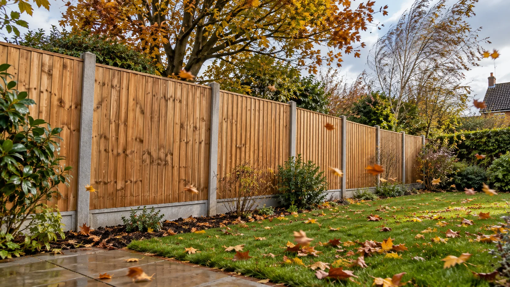 Closeboard timber garden fence with concrete posts and gravel boards in an Essex back garden on a breezy autumn day
